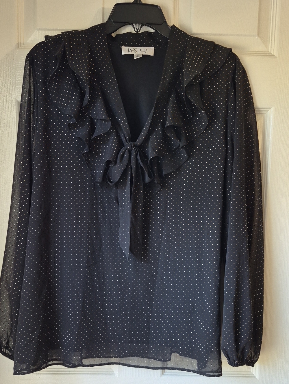 Kasper Black Tiny Gold Dotted Ruffle Tie-Neck Blouse